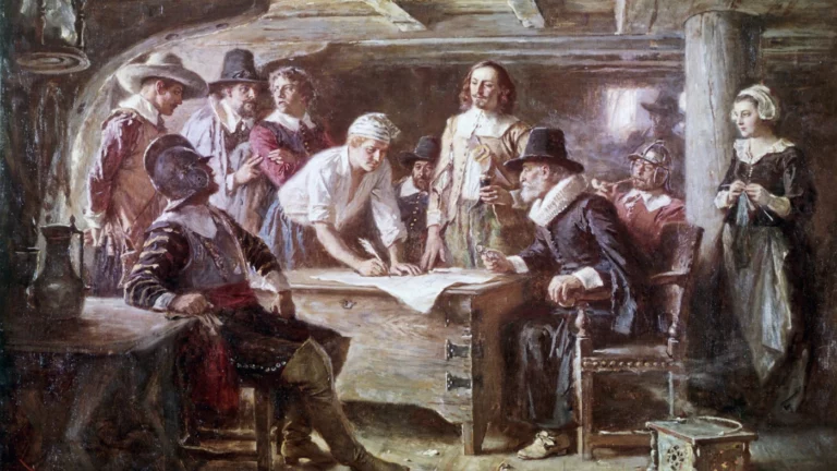 Painting of the Pilgrims signing the Mayflower Compact
